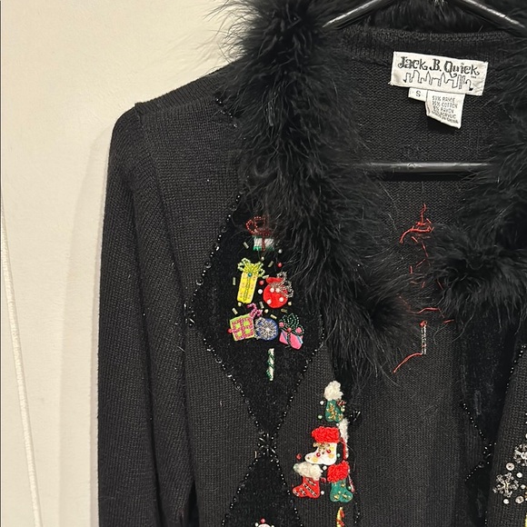 Jack B. Quick Black Festive Cardigan Christmas w/ Sequins beads & fur! - Picture 3 of 11